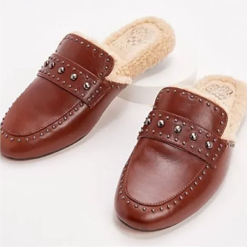 Vince Camuto Alvintal Cozy Gold Studded Faux Fur Slip-on Mules‎ Brown (Size 11)